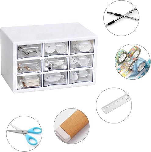 Miniatura 5 de Buwico Organizador de escritorio con mini cajones, almacenamiento de plástico de tres cajones con 9 cajones, organizador de escritorio pequeño para