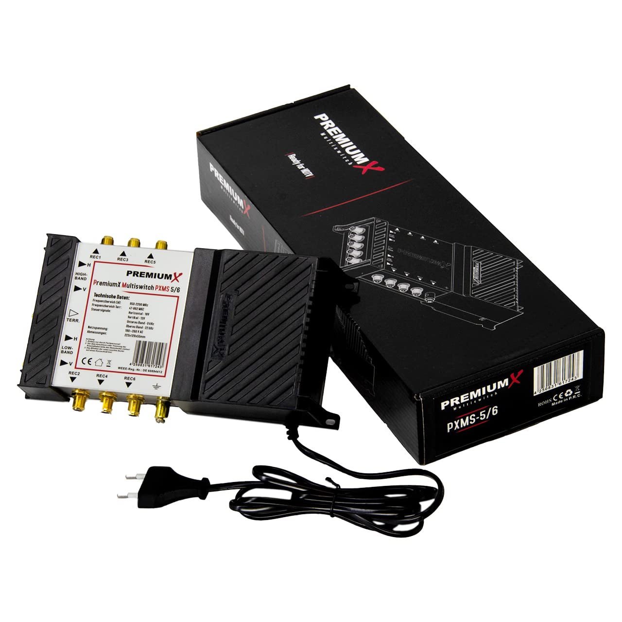 Premium X PXMS Multiswitch 5/6 con alimentador - Distribuidor de señales satelitales para 6 usuarios - Compatible con Digital HDTV FullHD 4K UHD 8K