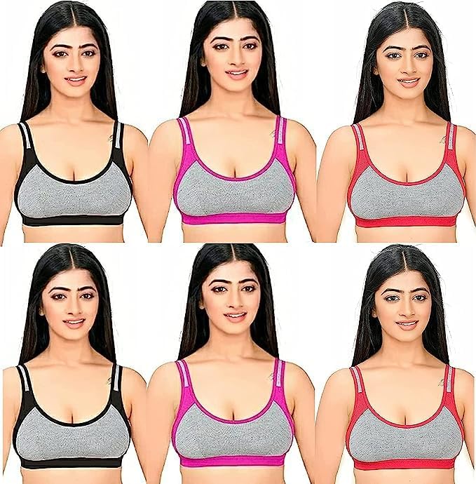 TAANI'SEnterprises Women Stylish Non-Padded Anti Sagging Breathable Non Wired Full Coverage Workout Yoga Sports Bra Ladies Lingerie - (Black/Red/Pink) Pack of 6