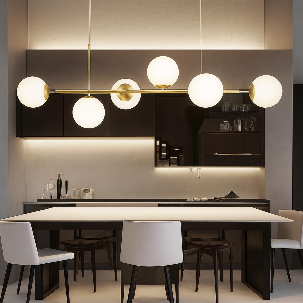 Dopa Lampadario a Sospensione LED con 6 Sfere in Vetro Satinato Design Moderno 3D Struttura in Metallo Bronzo Oro Attacco G9 Altezza Regolabile per Cucina Soggiorno e Ingresso