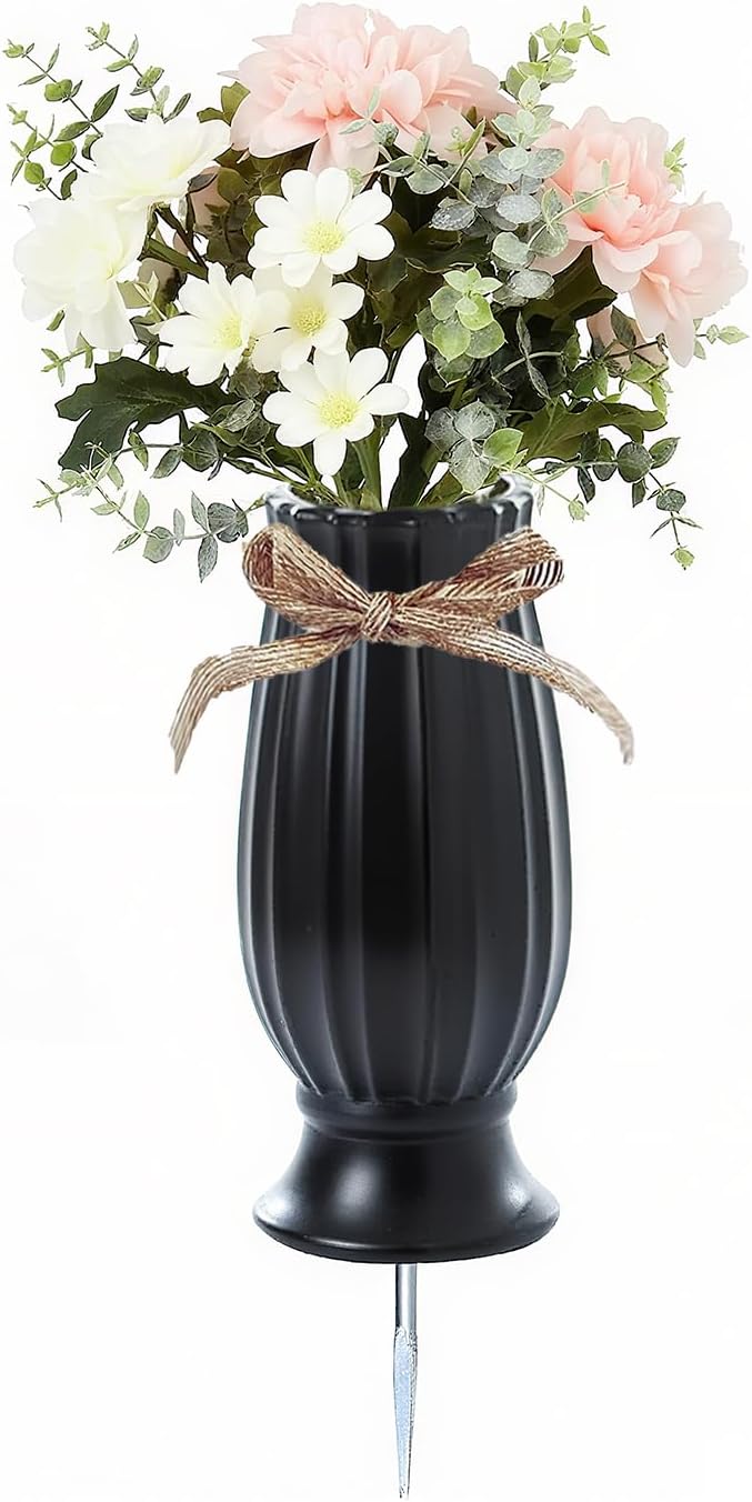Grave Vases for Cemetery with Metal Spikes and Drainage Holes,Cemetery Vases for Headstones Memorial Gifts Loss of Loved One (Black)