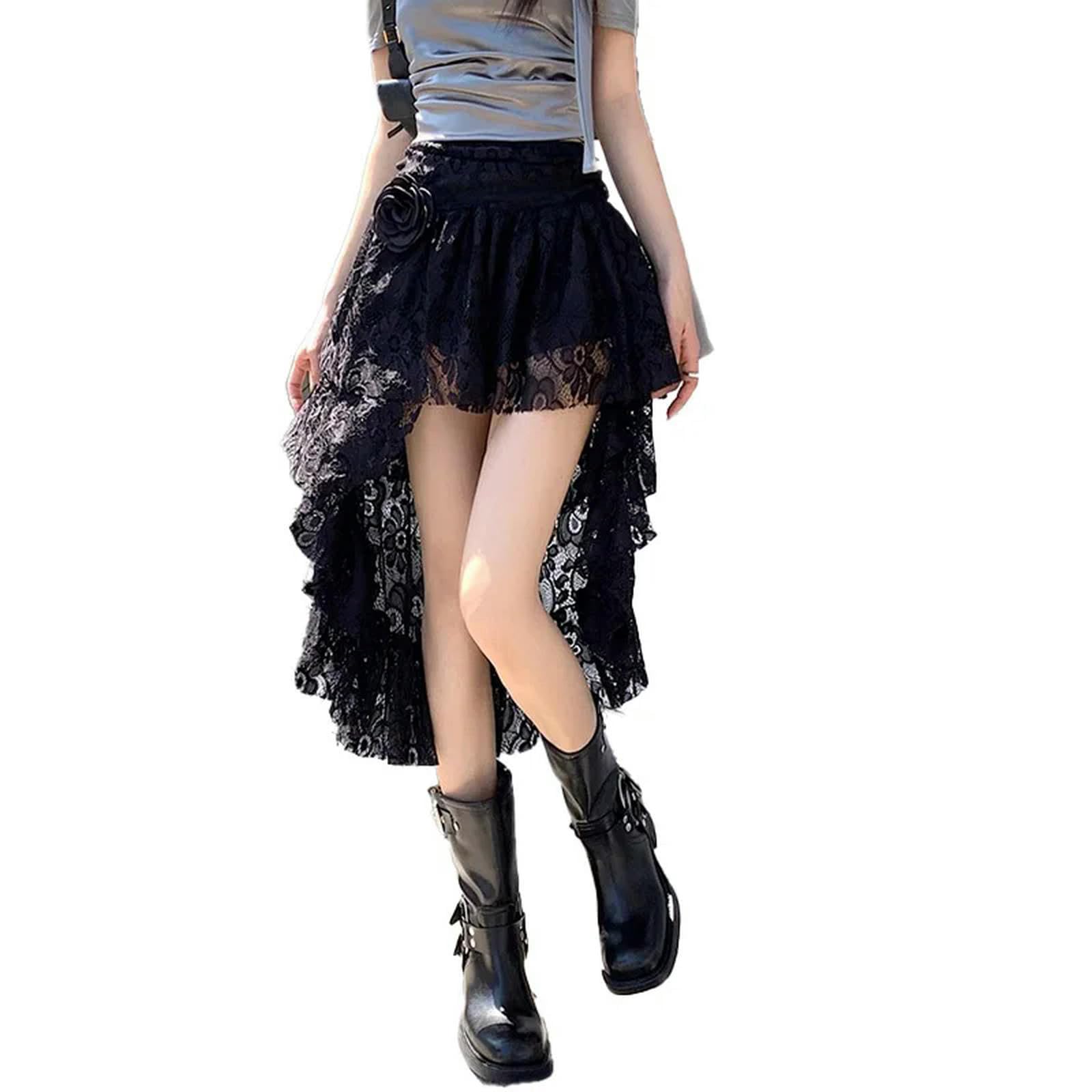 Gonna Lunga Donna Gonna Maxi in Pizzo Femminile Estate in Alto Bassa Asimmetrica Sheer Sexy Beach Cover-up Gonne Lunghe-Nero-l