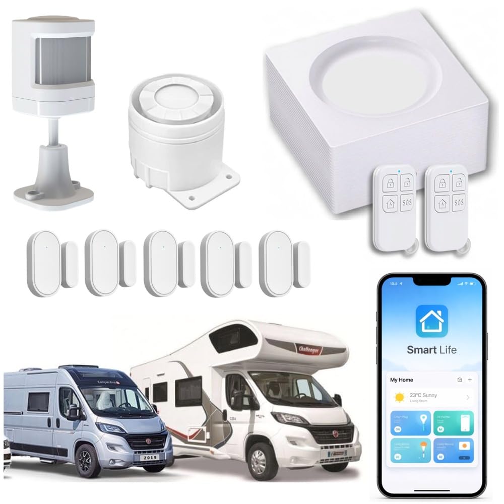 Nouveau - Alarme de Camping Car - WiFi - Surveillance 24h/24h - 2 Sirènes 130 DB - 5 Détecteurs de Portes et fenêtres - 1 détecteur de Mouvement - 2 Télécommandes