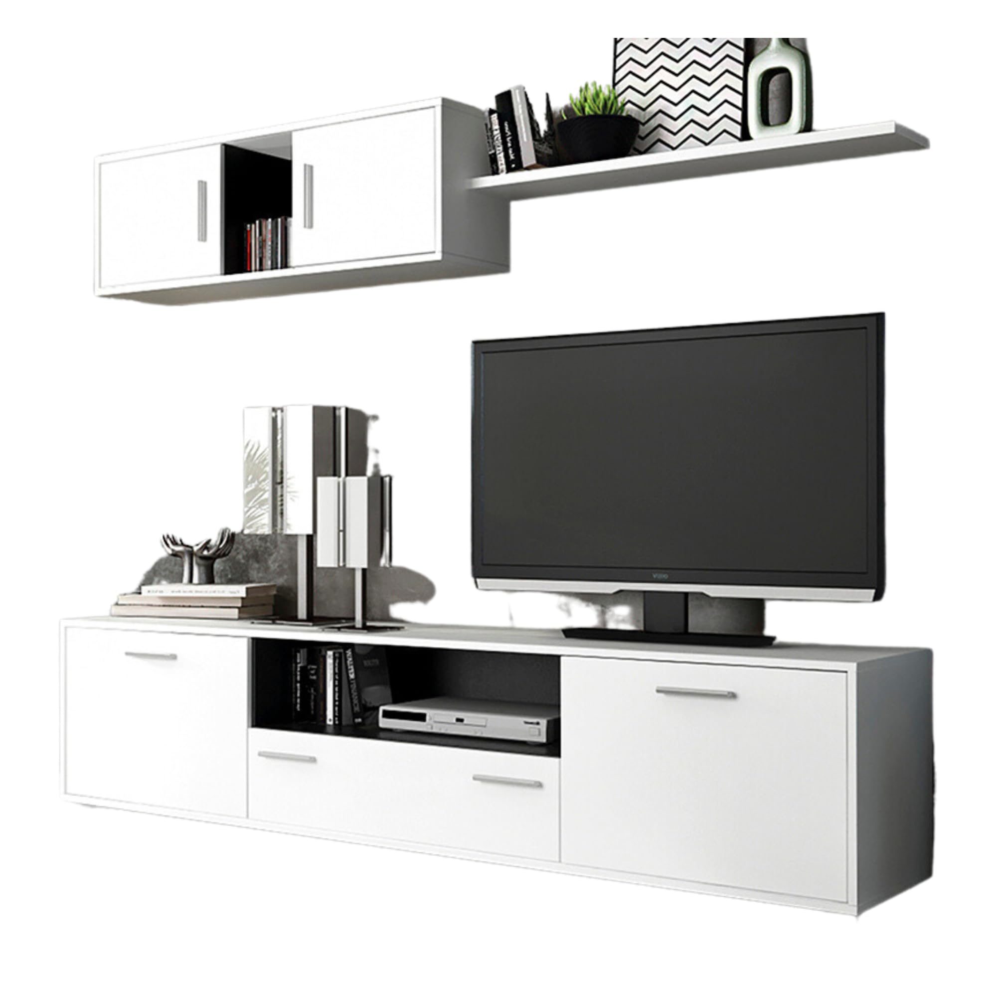 HOGAR24 ES Mueble de Salón, Composición de Salón, Diseño Moderno, Estilo Nordico, Color Blanco-Grafito, Medidas Módulo Bajo: 200 cm (Ancho) x 46 cm (Alto) x 39,6 cm (Fondo)