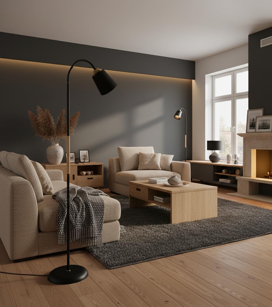 BEL AIR HOME - Lámpara de Pie SWEDEN - Metal Madera Altura 150cm Acabado Mate Brazo Orientable Portalámparas E27 Iluminación Escandinava para Salón y Lectura (NEGRO)