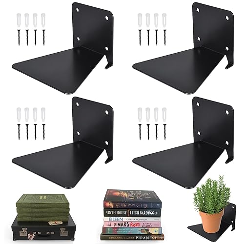 RealPlus Floating Bookshelf Iron Invisible Floating Book Shelves Wall Mounted Heavy Duty Book Organizer, Black (Pack of 4) - 4 - Black