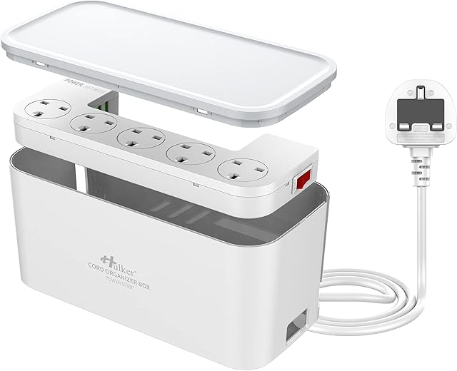 Hulker 3M Extension Lead with USB, Cable Management Box 5 Gang Plug Extension Socket with Switch, 5 Way Power Strip Cable Tidy Box, Desk Cords Organizer for Kitchen, Dorm, Office, Home