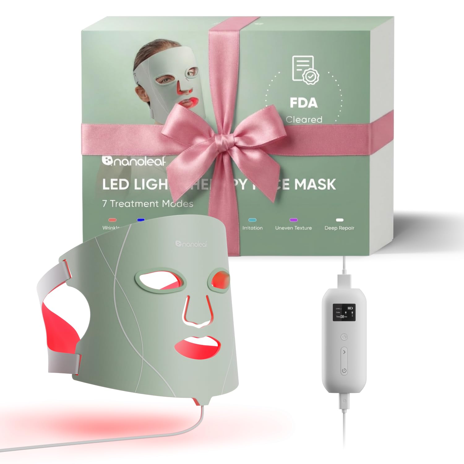 Nanoleaf LED Light Therapy Face Mask, 7 Targeted Light Modes, Portable Red Light Mask with NIR LEDs, Skin-Friendly Silicone & Eye Protect, 5-10 Mins Quick Treatment, Infrared Rechargeable