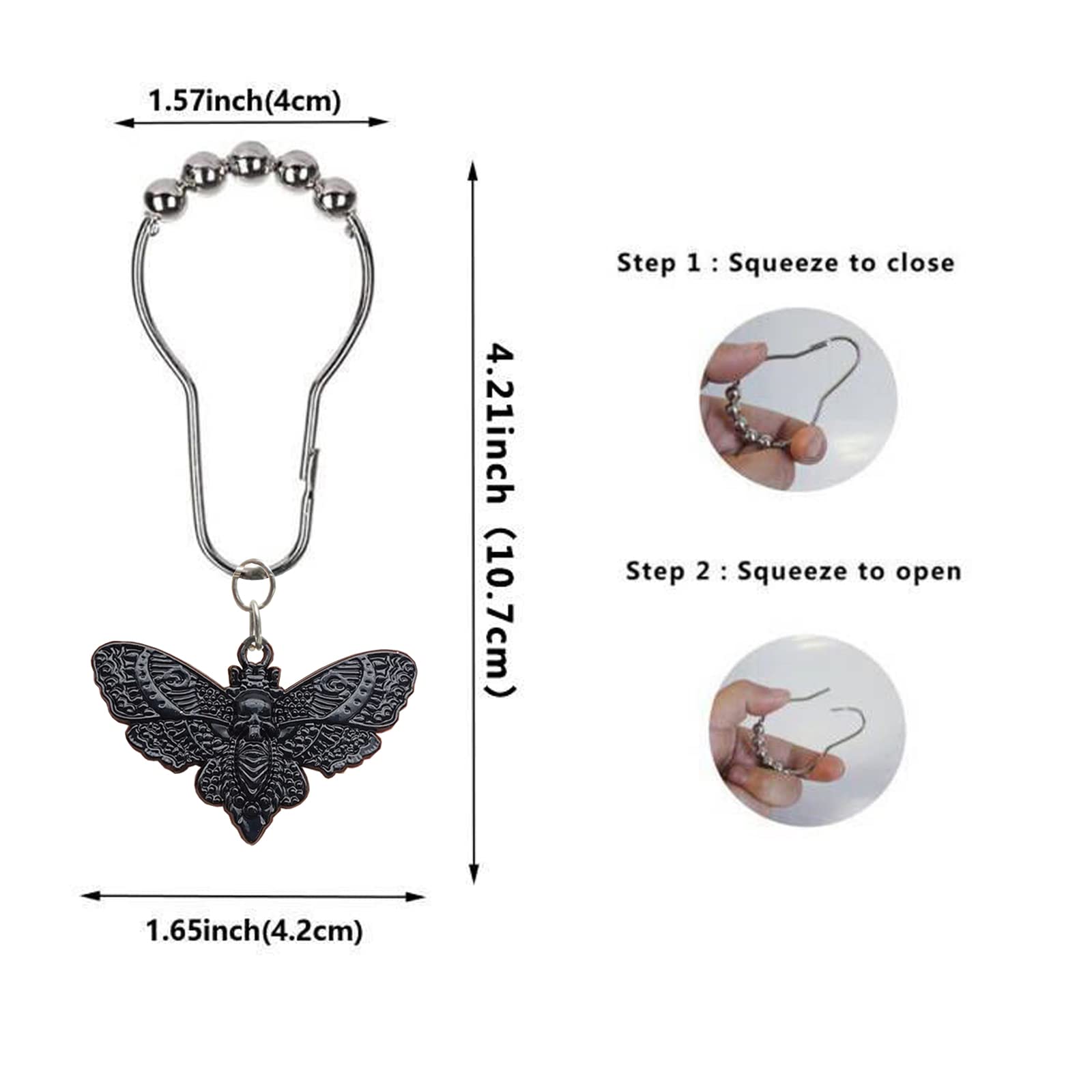 Skull Death's-Head Hawkmoth Shower Curtain Hooks Rings,12Pcs Dead Moth with Skull Face Halloween Rustproof Metal Shower Rings,Gothic Style Insect Theme Home Bathroom Decor