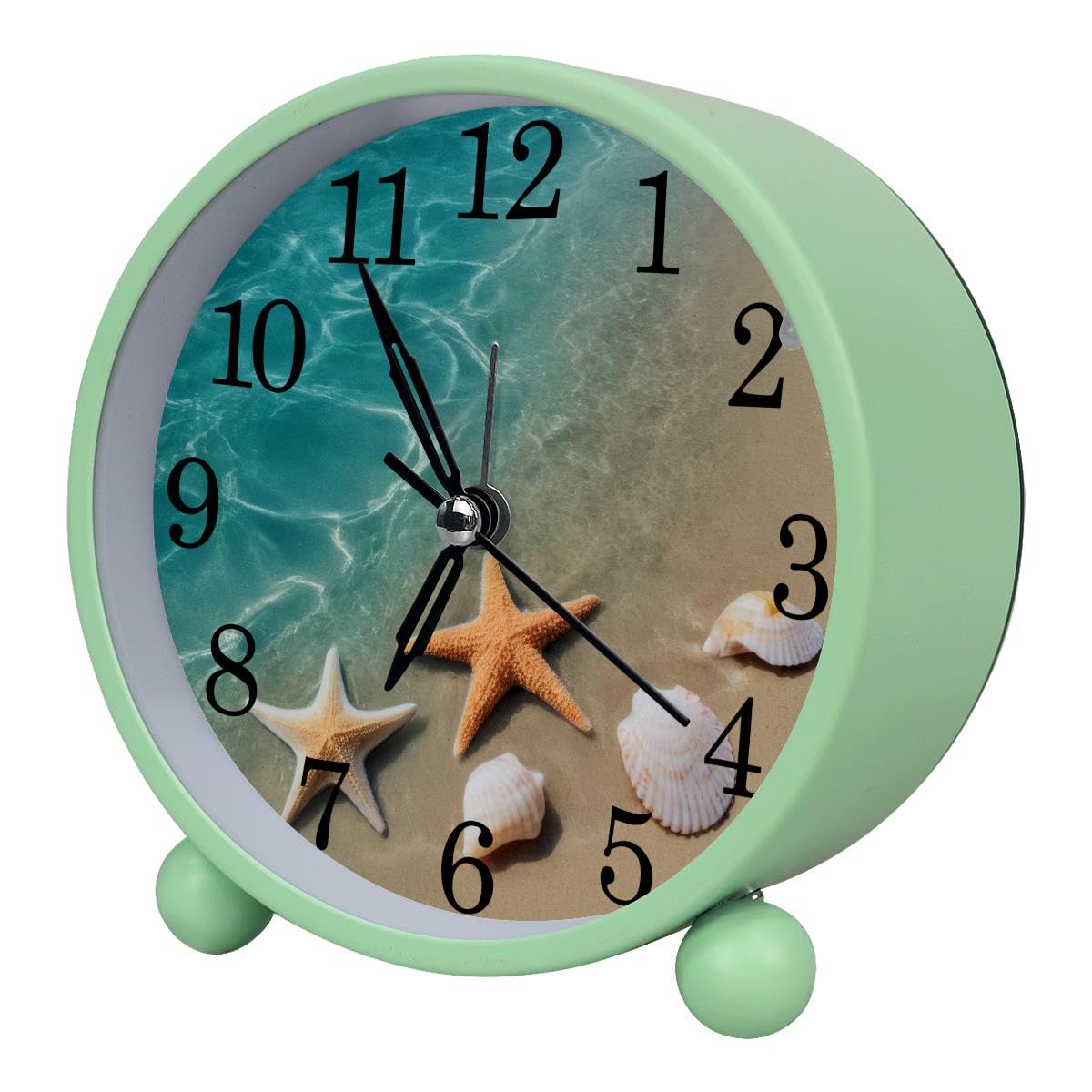 Luoweisi Alarm Clock Beach Seashells Starfish, Silent Non-Ticking with Night Light, Round Metal Alarm Clock for Office, Battery Operated, Bedroom, Elderly, Adults, Children, Student Gifts