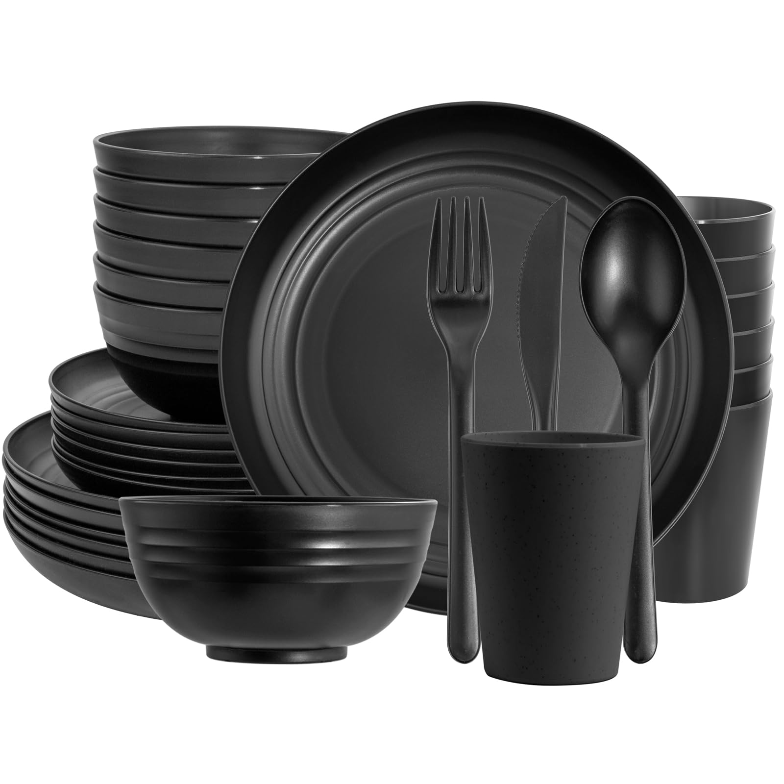 ejonirinjonir EI 42pcs Wheat Straw Dinnerware Set,Unbreakable Reuasble Plates,Microwave Safe Plates and Bowls Sets,Lightweight Dinnerware for Camping,Picninc,Party-Black Bowls,Plates,Cups,Cutlery