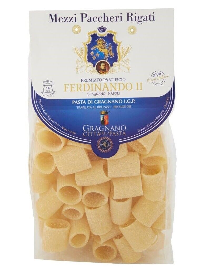 12er-Pack Pastificio Ferdinando II Mezzi Paccheri Rigati Pasta di Gragnano I.G.P.,Nudeln aus Hartweizengrieß 500g