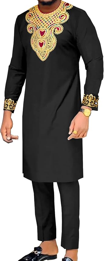 africa-pride Private Customized African Men Clothing Embroidery Shirts and Pants 2 Piece Set Dashiki Outfits Tribal Kaftan for Wedding