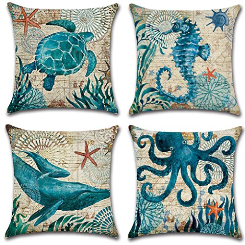 Homyal Sea Park Theme Cushion Covers Decorative Pillow Covers Cotton Linen Throw Pillow Covers Set of 4 Cushion Coversl 18x18 inch, 4 Packs (Sea-02)