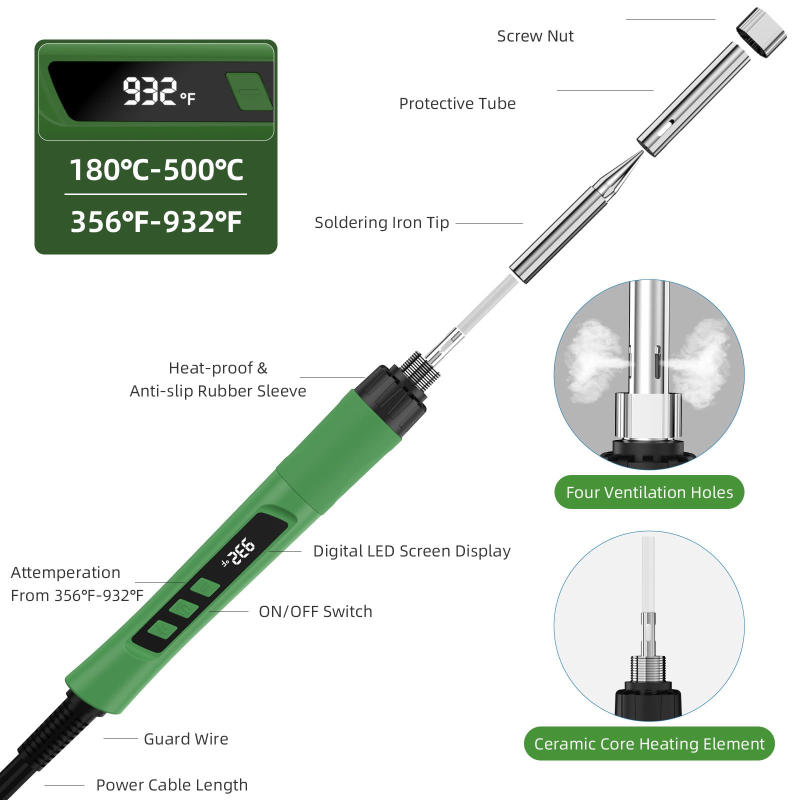 Kit de soldador, pistola de soldadura con pantalla digital para electrónica, verde militar