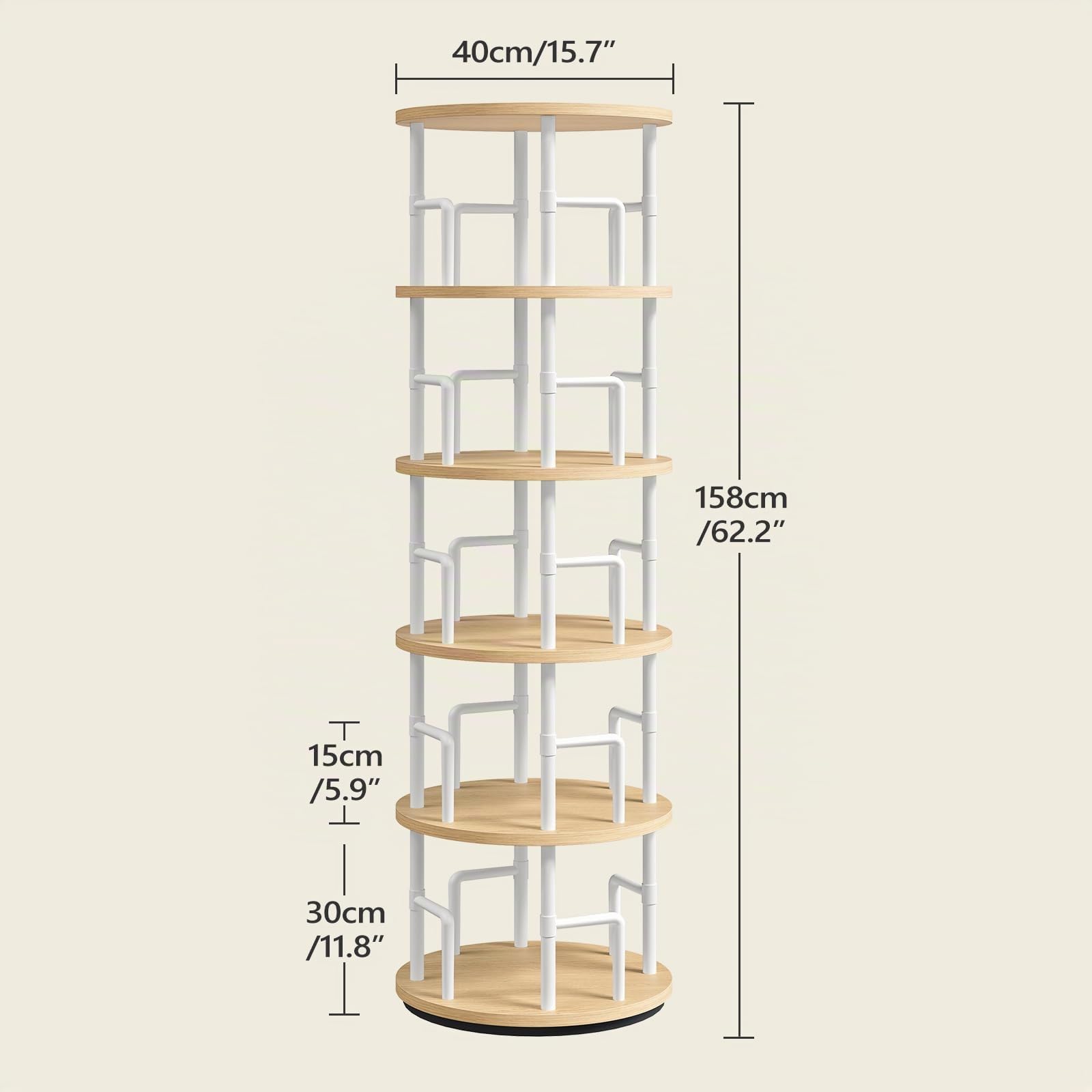 MAHANCRIS Estantería Giratoria de 5 Niveles, Display girevole a 360°,Librería de Pie con Barras de Seguridad, para Sala, Dormitorio o Despacho, Madera Natural y Blanco ABKBN4501