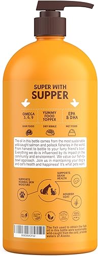 Miniatura 2 de Petsmont Omega Love+ - Aceite de salmón salvaje de Alaska para perros, fórmula de 32 onzas, bomba líquida de pescado Omega para gatos, apoya la