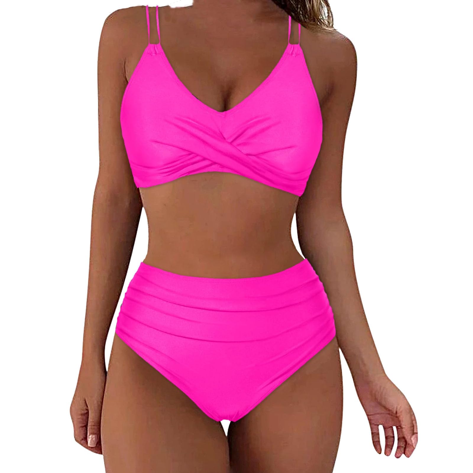 Bikini Sets for Women Tummy Control High Waist Ruched Sexy Thong 2 Piece Bathing Suit Pushup V Neck