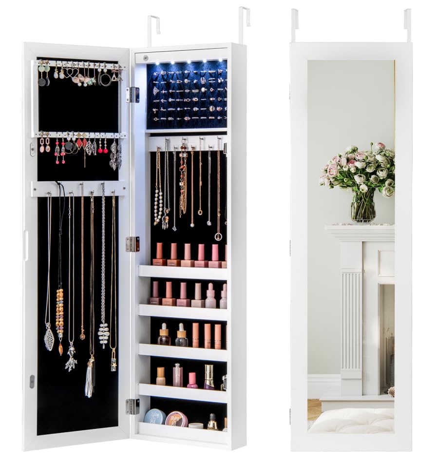 IFANNY 5 LEDs Mirrored Jewelry Cabinet Wall Mounted or Door Hanging, 42” Jewelry Box Armoire with Full Length Mirror, 2 Drawers & Shelves, Over the