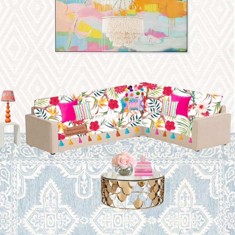 Image of Neutral Tropical Floral Sofa Cover Tassels:Corner Sofa Protector: Thick Fabric, Slip-Resistant: Fits 3+2 Seater+Corner Sofa, Coverage: Seat & Front Back -Set of 2 Seat Covers & 2 Back Covers