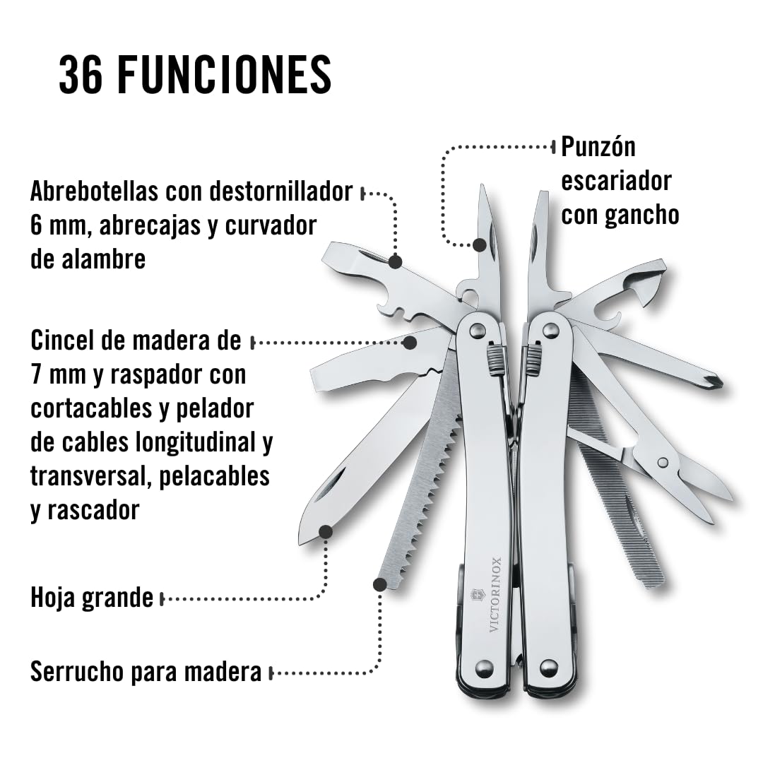 Victorinox Herramienta multifunción Swiss Tool Spirit X Plus Ratchet, 36 funciones, Hecha en Suiza, multiherramienta con hoja de bloqueo, incl. estuche de piel, color plata