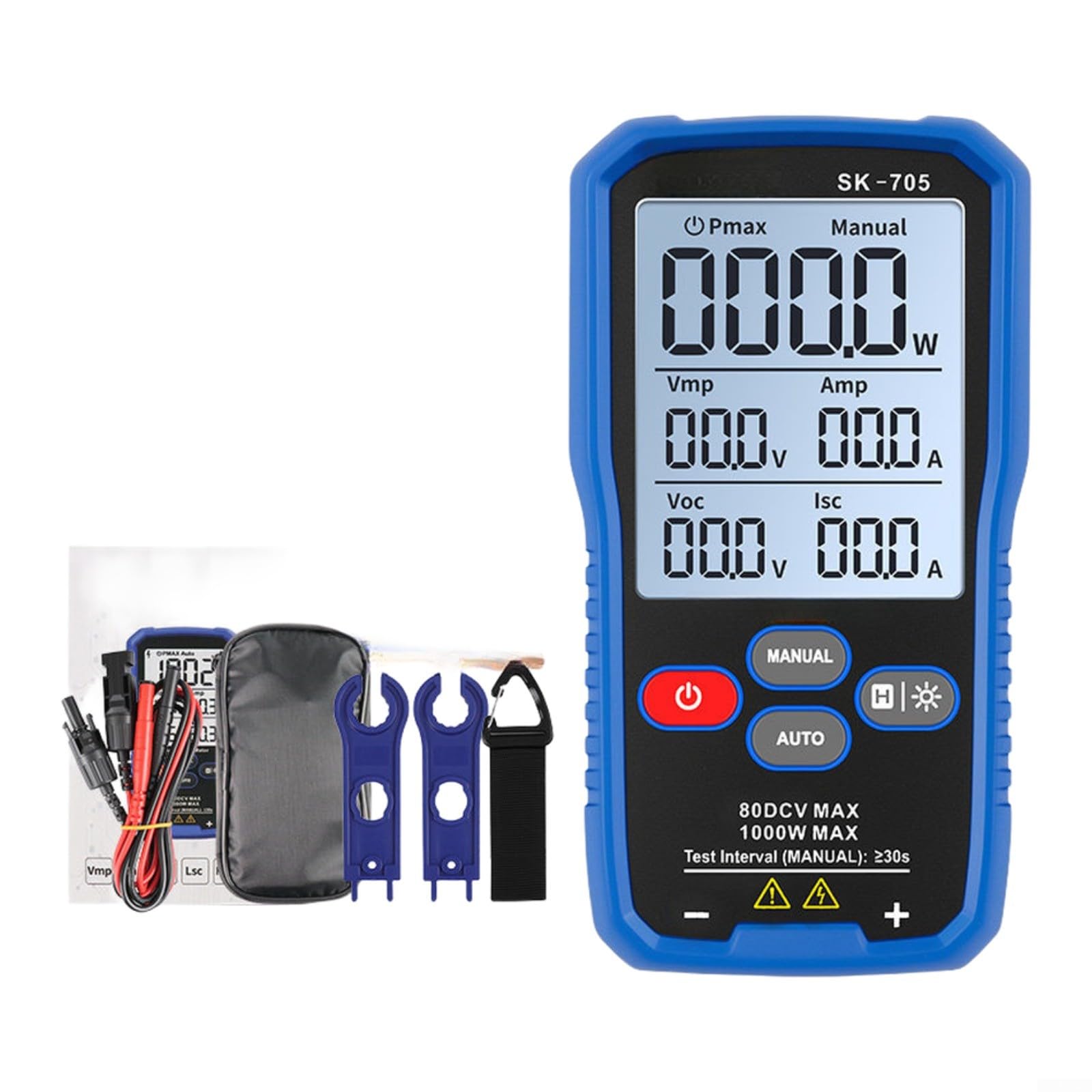 Modulo fotovoltaico Tester di potenza 2000W MPPT Misuratore del pannello solare con display LCD da 3,2 pollici Auto/manuale Gamma per test di sistemi fotovoltaici portatile blu (SK-705)
