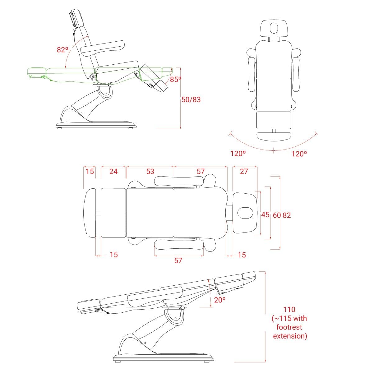 PLUS SANTE – Fauteuil d’Examen électrique PS MALDI 187×70×63-90 cm | 2 Moteurs, Hauteur réglable, Dossier inclinable, Repose-Pieds Manuel, Structure Acier, Usage Professionnel (Blanc)