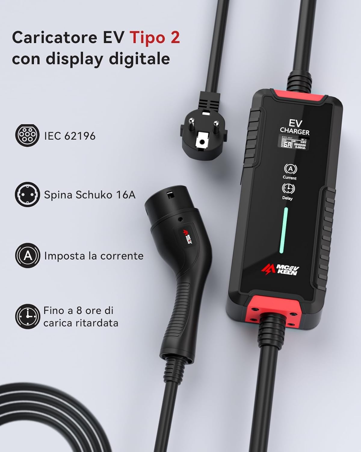 MCEVKELN EV Caricatore Tipo 2 3.6 KW, 8M Cavo Ricarica Auto Elettrica Tipo 2 Schuko con Scatola Commutabile 6-16A, 8M EV Charger Portatile IEC 62196-2 Stazione Caricabatterie