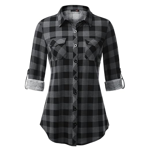 DJT Womens Soft Stretchy Knit Plaid Shirts Roll Up Long Sleeve Collared Button Down Blouses Tops