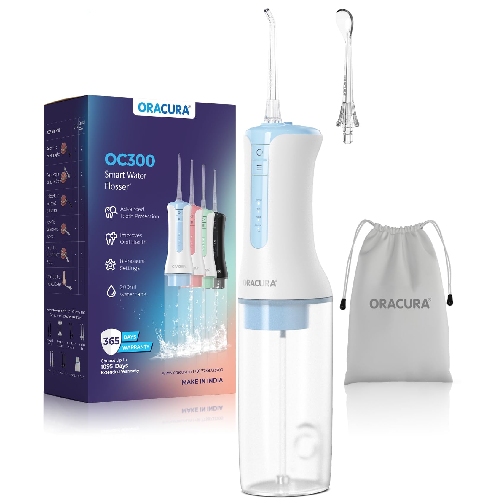 ORACURA Smart Water Flosser OC100 in White colour with 300ml water tank capacity| 18+6 Months Warranty | Portable & Rechargeable | IPX7 Waterproof | 3 Modes | Flossing at Home and Travel