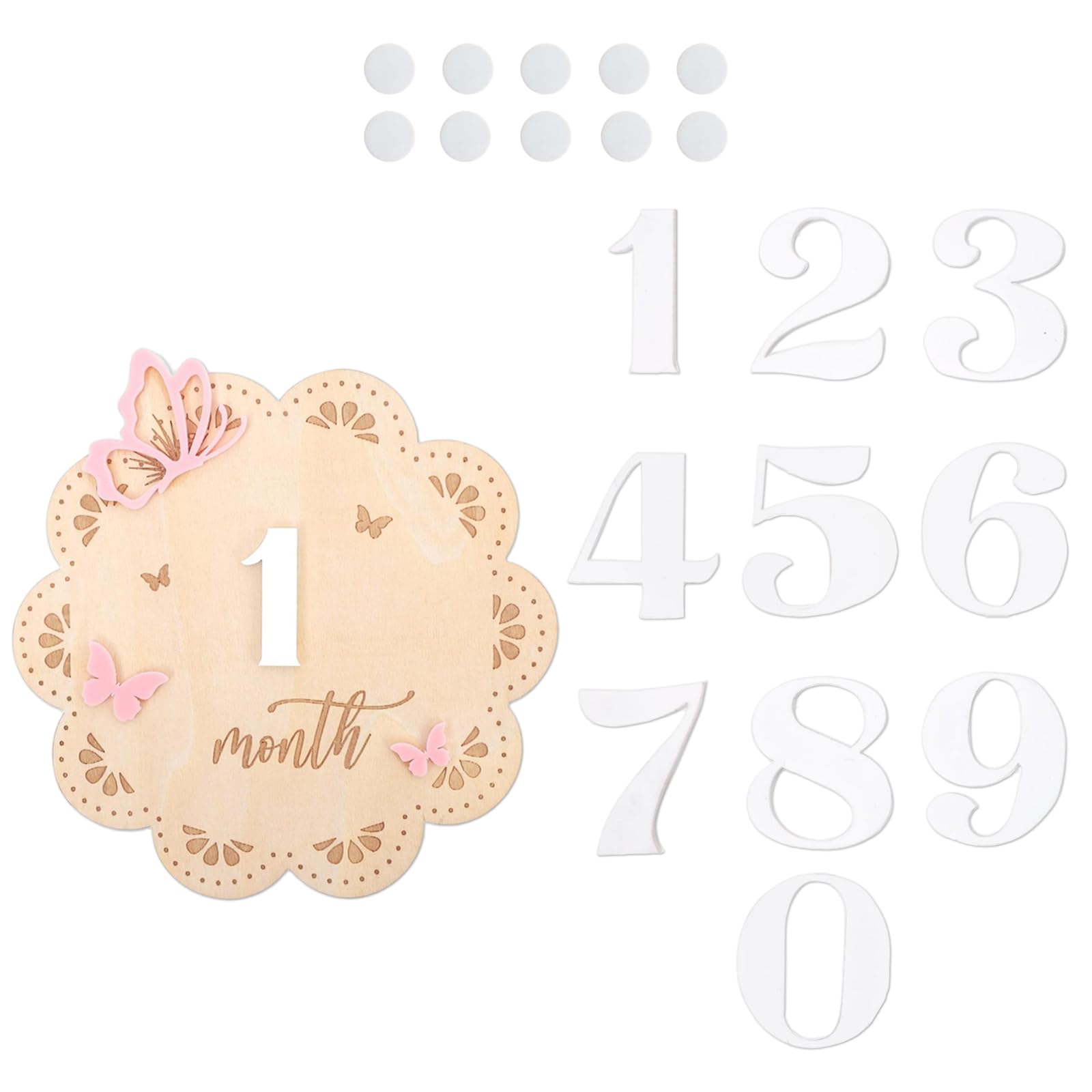 1 Baby Milestone Cards with Numbers, Wooden Baby Monthly Milestone Cards, Butterfly Design, 10 Adhesives Included