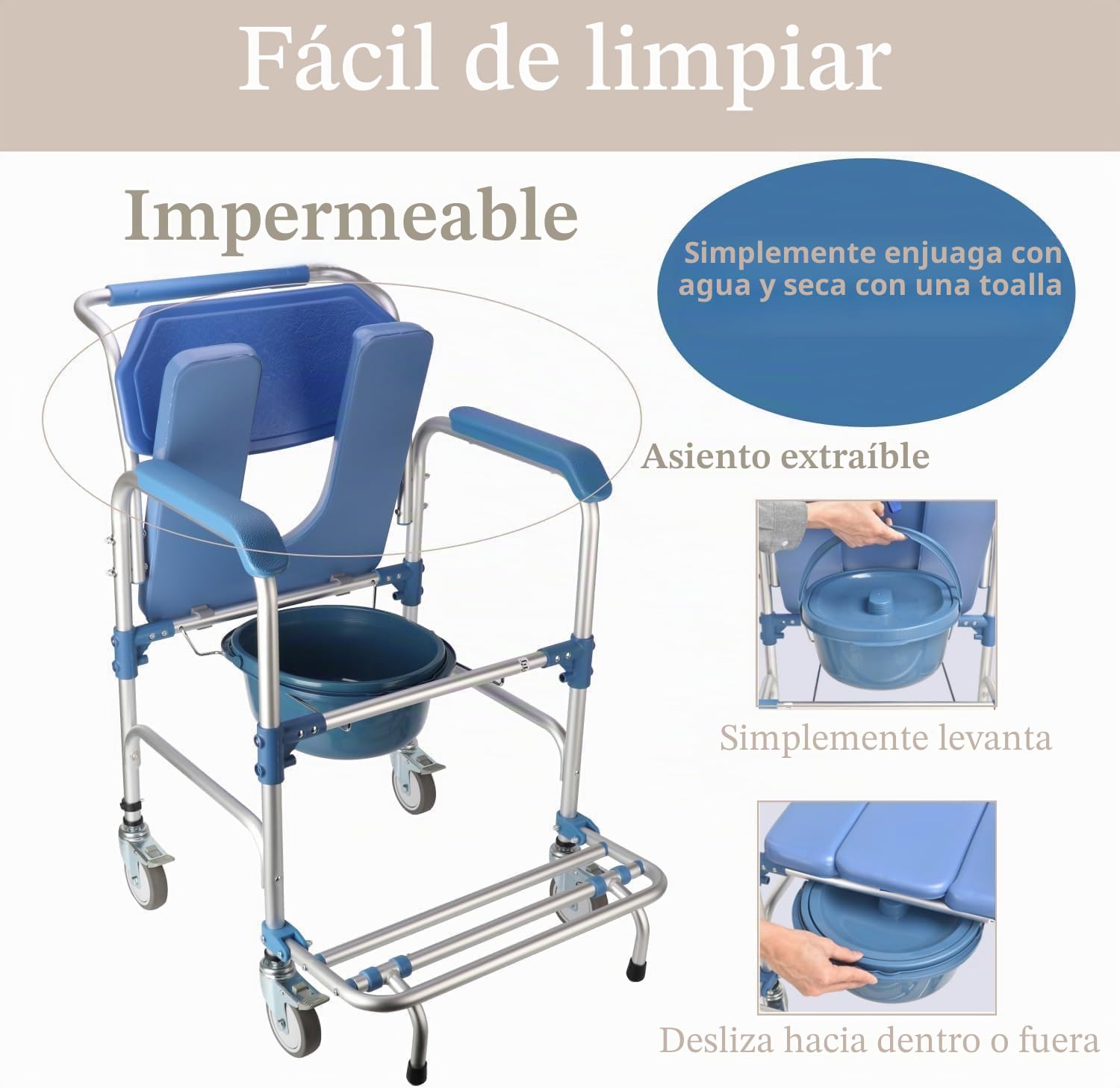 Silla de ducha con rollo silla de silla de ruedas de ducha asiento de ducha de baño silla impermeable silla con ruedas cofre de cajas de carga de la parte del techo