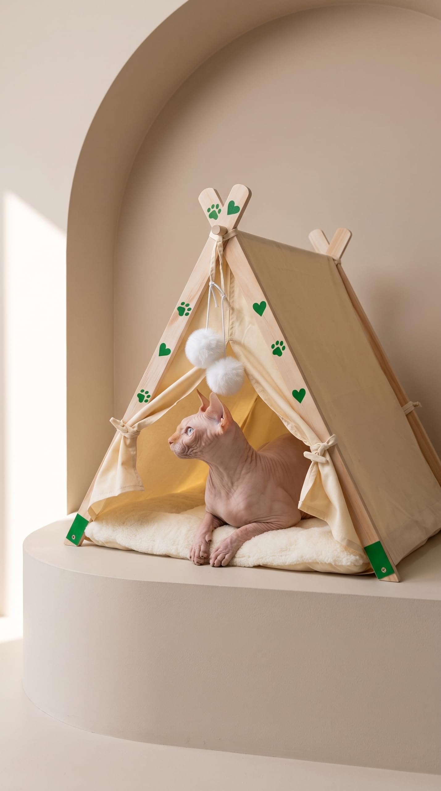 Tipi Lit pour chats et petits chiens – Grotte en bois massif, coton et lin respirant, niche igloo d'intérieur pour animaux de compagnie, chiots, berceau de voyage pliable et portable avec coussin