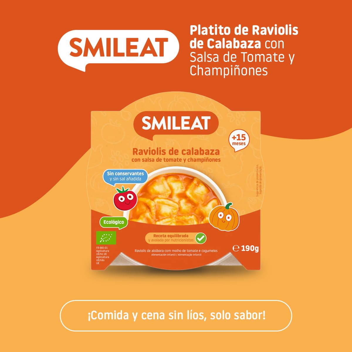 Smileat - Pack de 8 Platitos de Raviolis de Calabaza con Salsa de Tomate y Champiñones – Ecológico, Sin Conservantes – Ideal para Peques +15 meses – 190g x 8