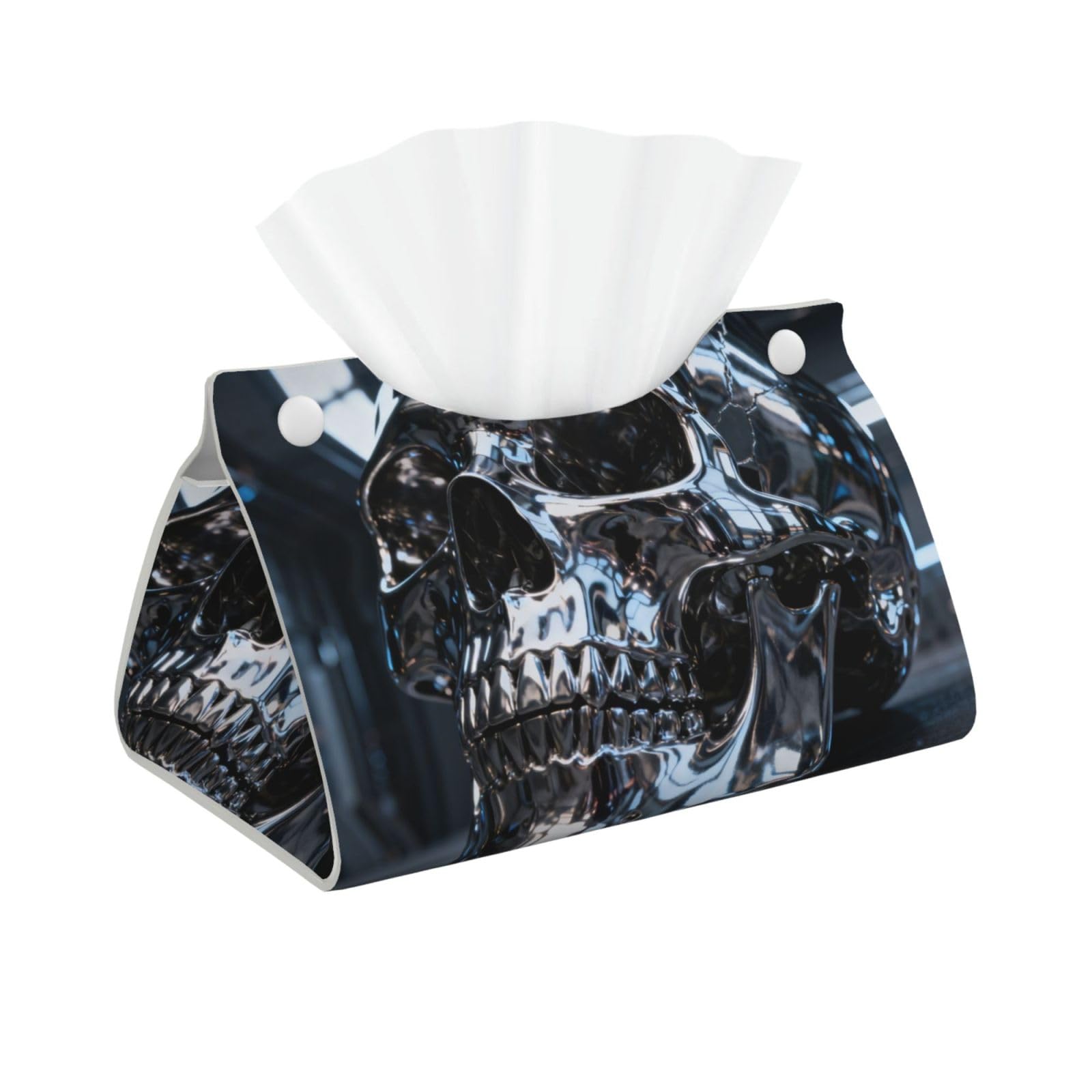 Chrome Skull Metal Long Leather Tissue Box Cover-Waterproof PU Leather Tissue Holder for Bathroom, Decorative Rectangular Tissue Case