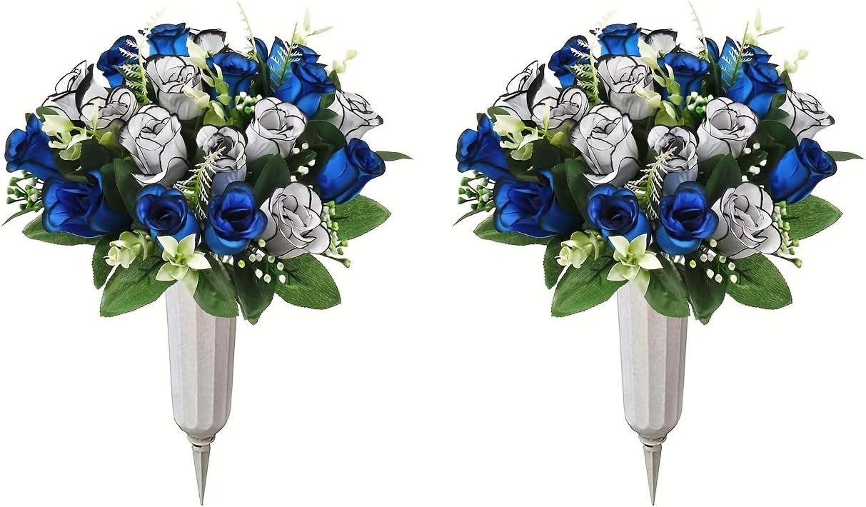 Artificial Cemetery Flower with Vase for Headstone,2 Set Graveyard Memorial Flowers,Grave Decoration Flower Bouquets,Cemetery Headstones Decoration,Outdoor Grave Flowers Decor (Blue-White)