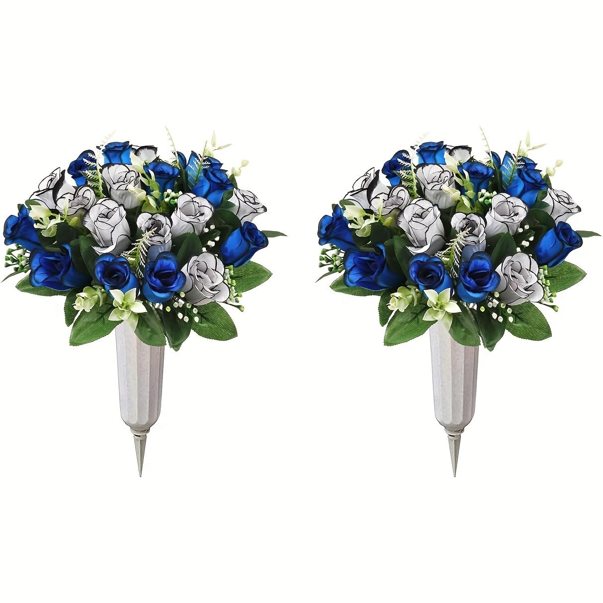 JOYWU Artificial Cemetery Flower with Vase for Headstone,2 Set Graveyard Memorial Flowers,Grave Decoration,Grave Flower Bouquets,Cemetery Headstones Decoration,Outdoor Grave Decorations (Blue-wh)