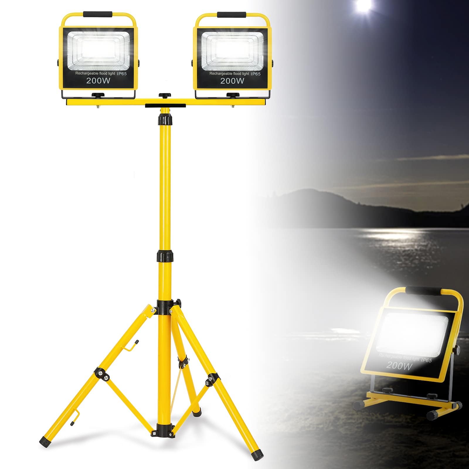 ACXIN Foco LED para obras con trípode, con batería, foco de trabajo, con luz de advertencia flash, IP65, altura regulable, para camping, taller, construcción, 2 x 200 W, blanco frío