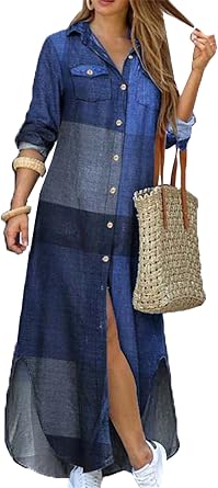 BOFETA Womens Long Sleeve Button Down Maxi Dress Casual Loose Lapel Side Split Shirts Dress