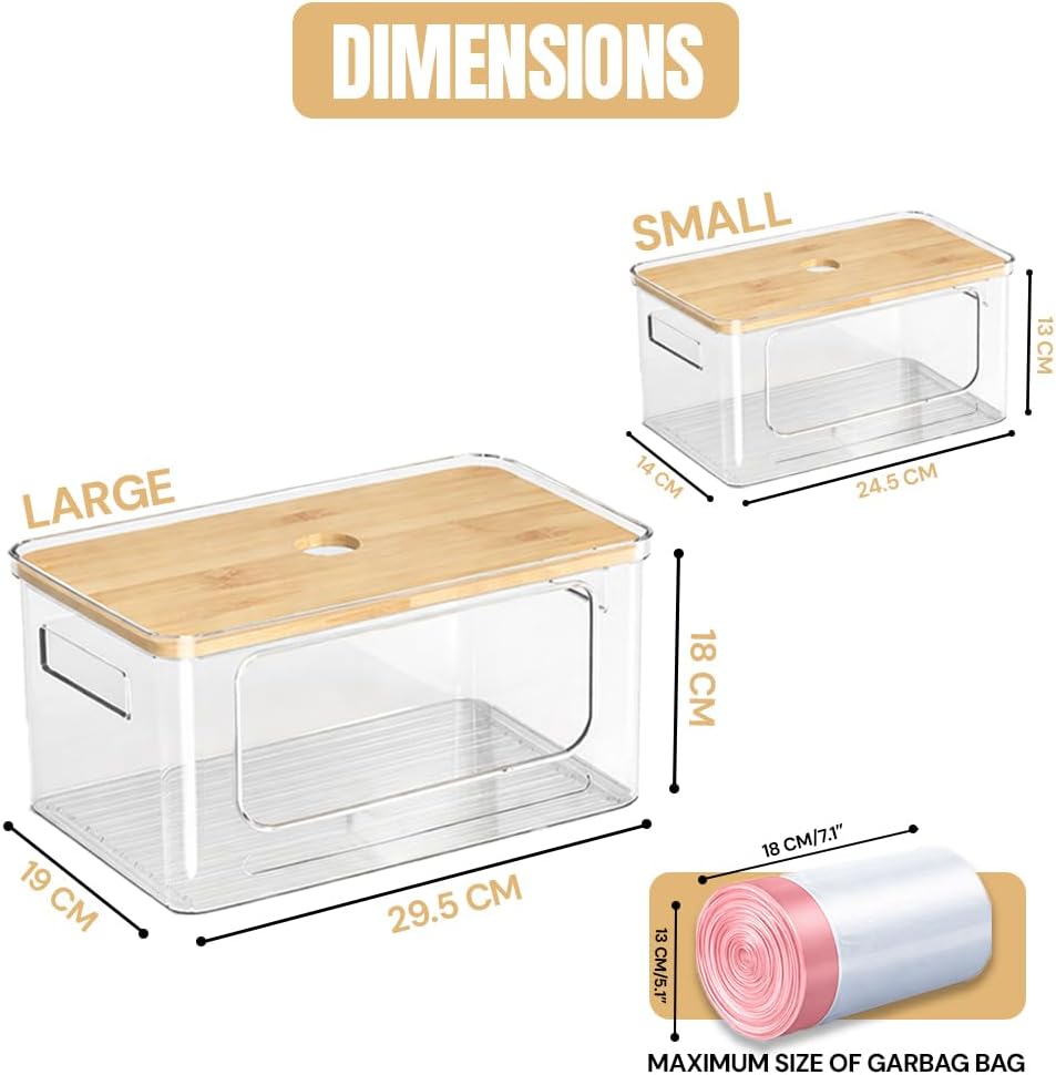 2 Pack Trash Bag Dispenser with Anti-Slip Pads (XL+S) - Stackable Garbage Bag Dispenser with Bamboo Lid and Anti-Slip Bottom, Laundry Room, Pantry, Under Sink Organizer and Storage