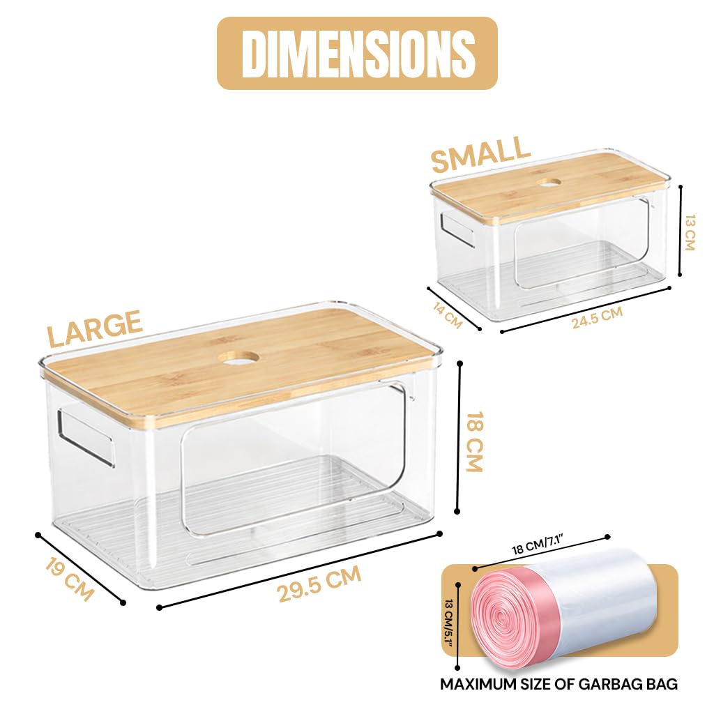 2 Pack Trash Bag Dispenser with Anti-Slip Pads - Stackable Garbage Bag Dispenser with Bamboo Lid and Anti-Slip Bottom, Laundry Room, Pantry, Under Sink Organizer and Storage (XL+S)