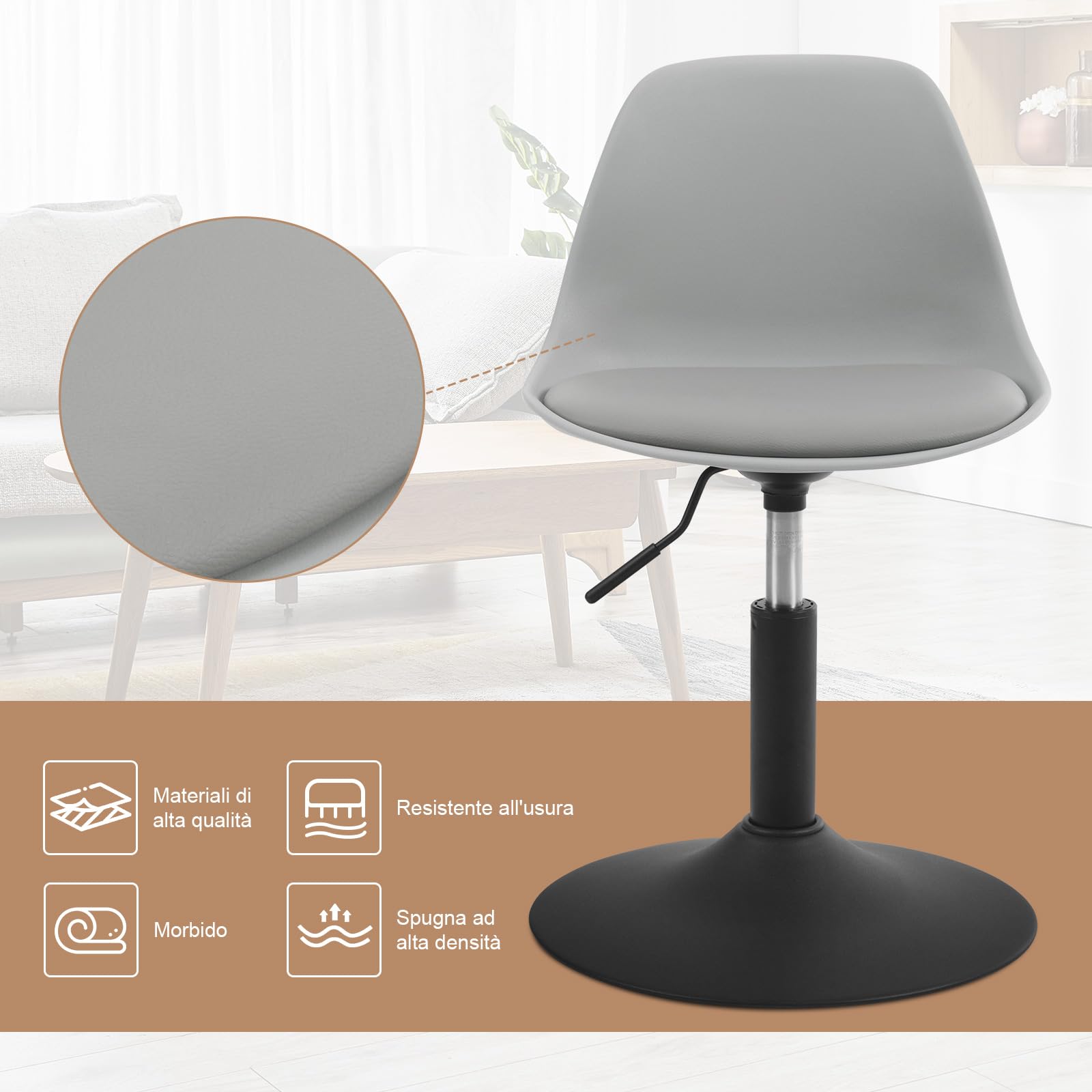 WOLTU Sgabello con Schienale Moderno Sedia da Cucina Girevole a 360° Altezza Regolabile Senza Braccioli in PU Altezza della Sedia 39,5cm-50,5cm Grigio BH304gr-1