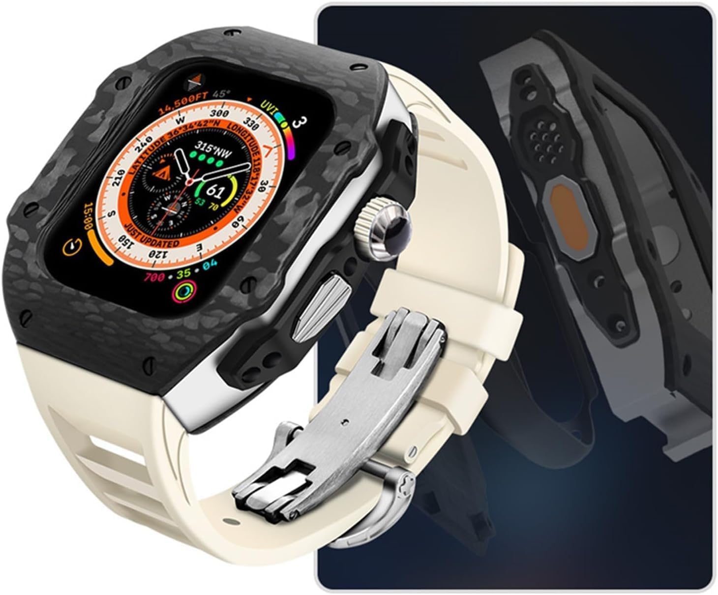 Carbon Fiber Watch Case Rubber Watch Band，For Apple Watch 8 7 6 5 4 SE Series，RM Style Sports Band Case Mod Kit，For Iwatch 44mm 45mm Watch Replacement Accessories