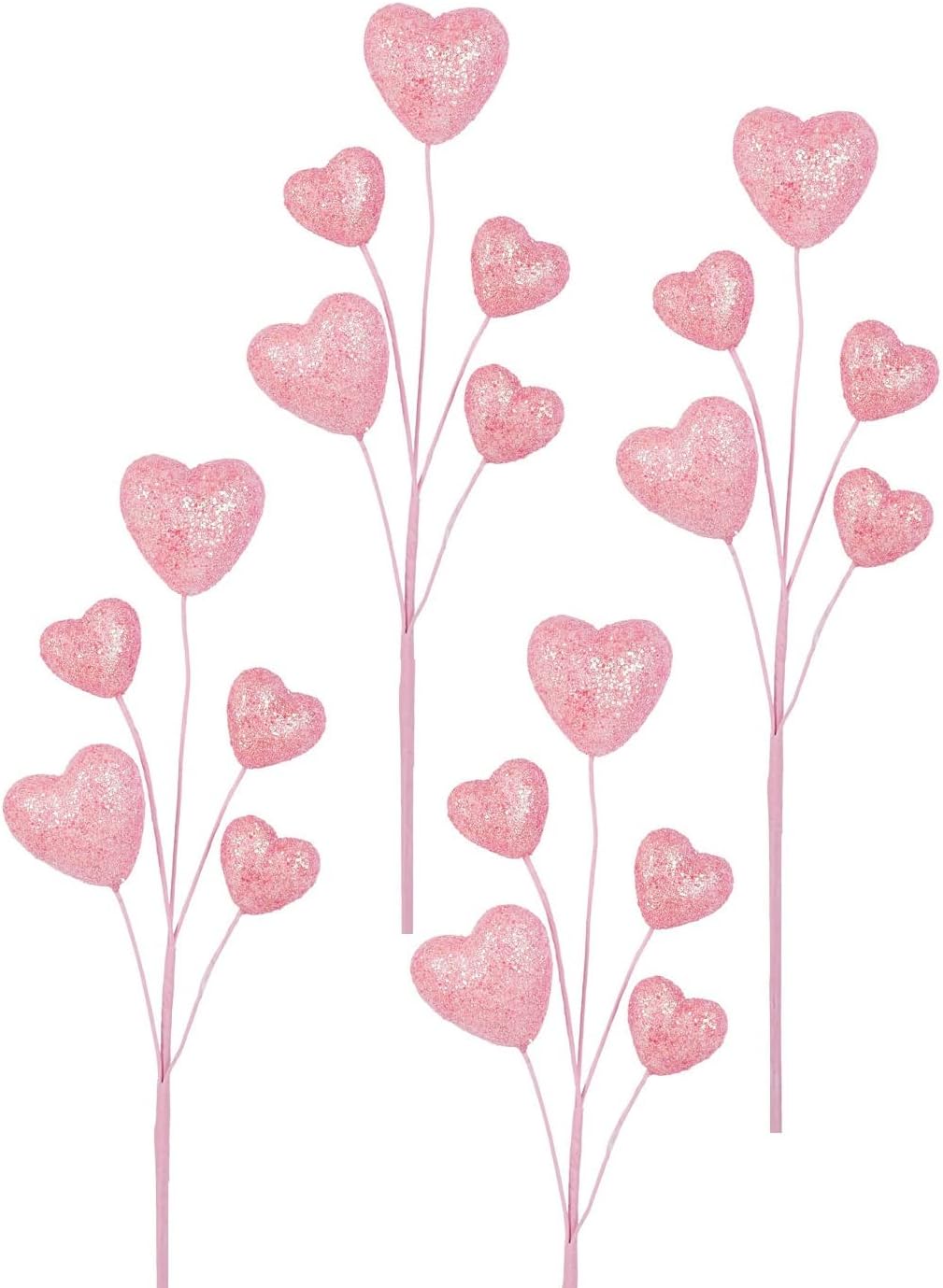 Group of 4 Bright Pink Puffy Glittered Hearts Sprays by Factory Direct Craft - Pink Heart Stems for Valentine's Day Decorations and Floral Arrangements