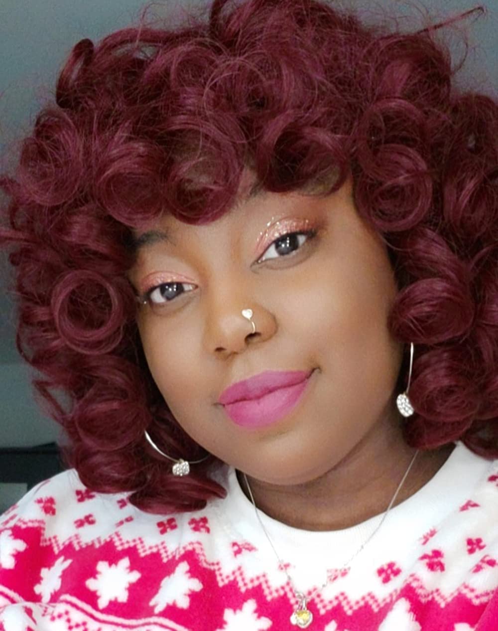 FOVERShort Wine Red Curly Wigs for Black Women 12'' Afro Curly Wig with Bangs Synthetic Hair Replacement Wigs Natural Looking Heat Resistant Wig for Daily Party FE012R