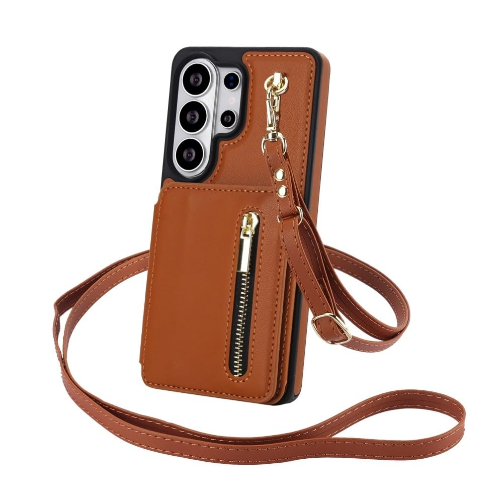 Generic Funda compatible con Samsung Galaxy S25 (color: marrón) Funda tipo cartera de cuero con cierre y correa para el hombro