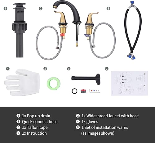 Miniatura 6 de WOWOW Grifo de baño generalizado negro y dorado, grifo de lavabo de 3 agujeros, grifo de lavabo de 2 manijas, grifo mezclador de 8 pulgadas con