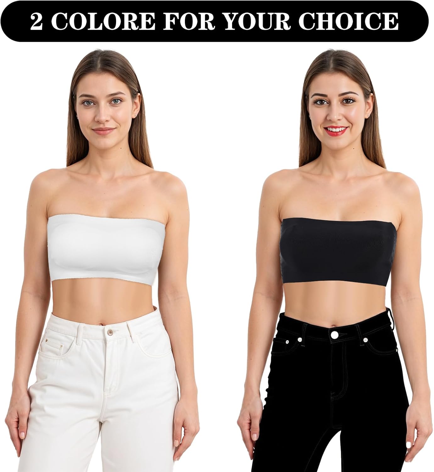 2 Pieces Women's Bandeau Tube Top Bra, Wireless Strapless Bralette Seamless Bandeau Tank Top Non-Slip Padded Bra, Black, White - Image 5