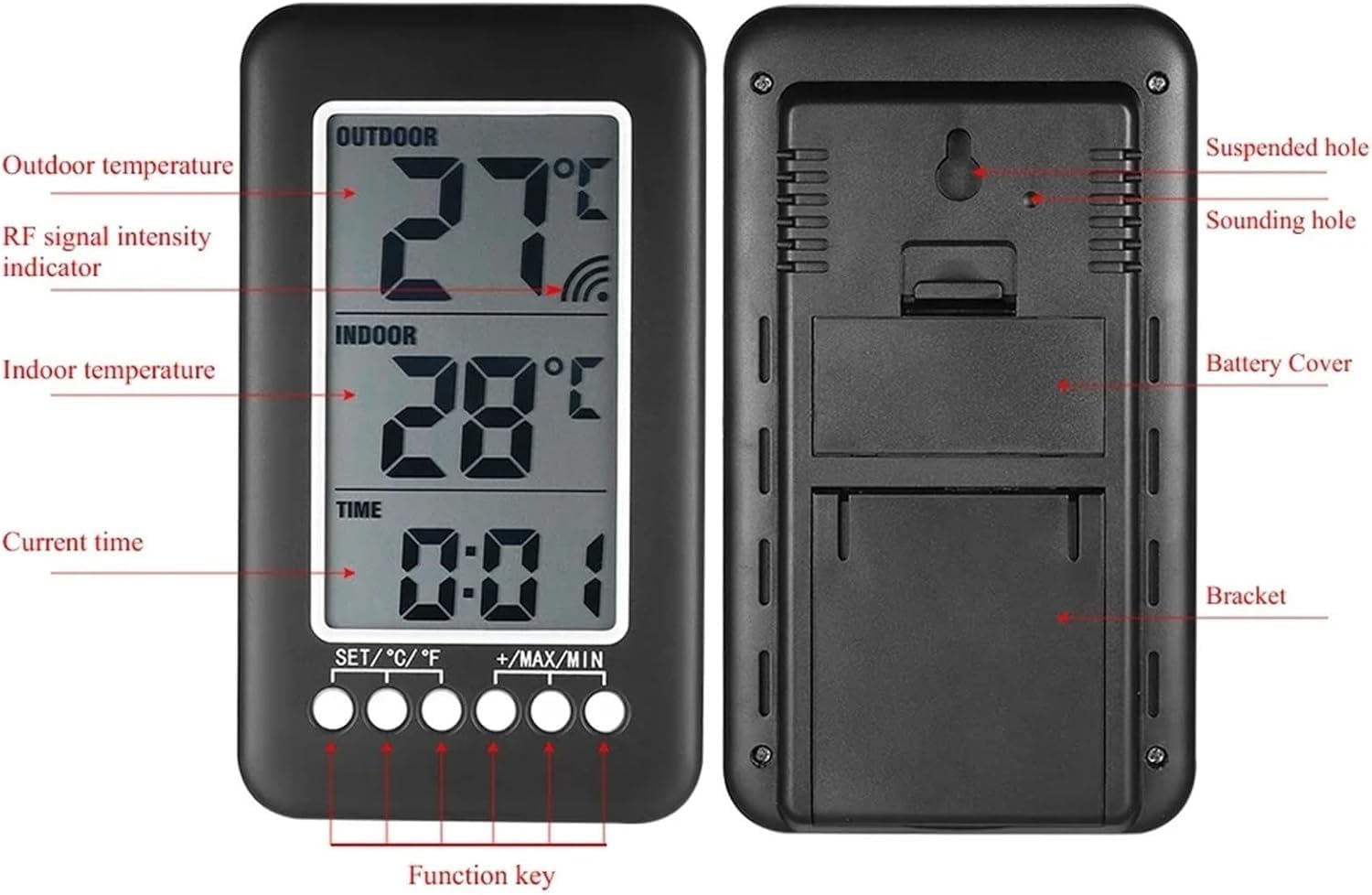 Stacje pogodowe, cyfrowy termometr z funkcją zegara, zewnętrzny, wewnętrzny, bezprzewodowy termometr elektroniczny LCD, stacja pogodowa, prezent dla domu i biura