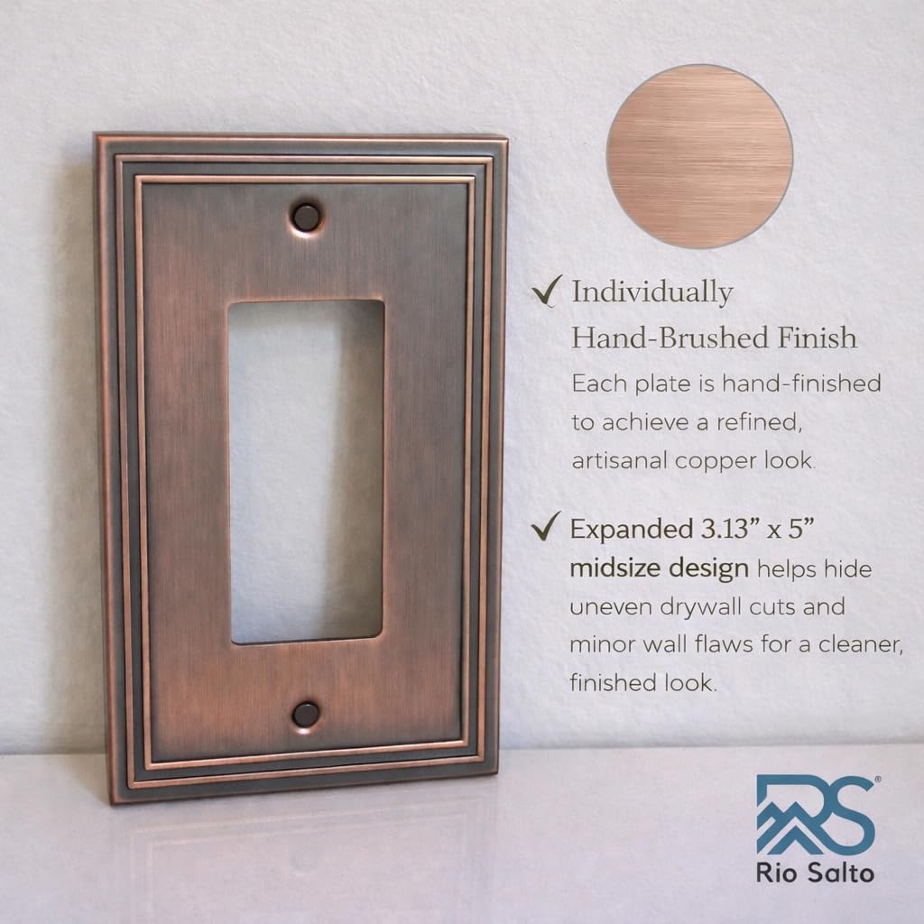 Rio Salto Copper Wall Plates – Imperial Collection Midsize Heavy Gauge Luxury Artisanal Light Switch Plate Outlet Cover 3.13" x 5.00" Decorative Brushed Copper